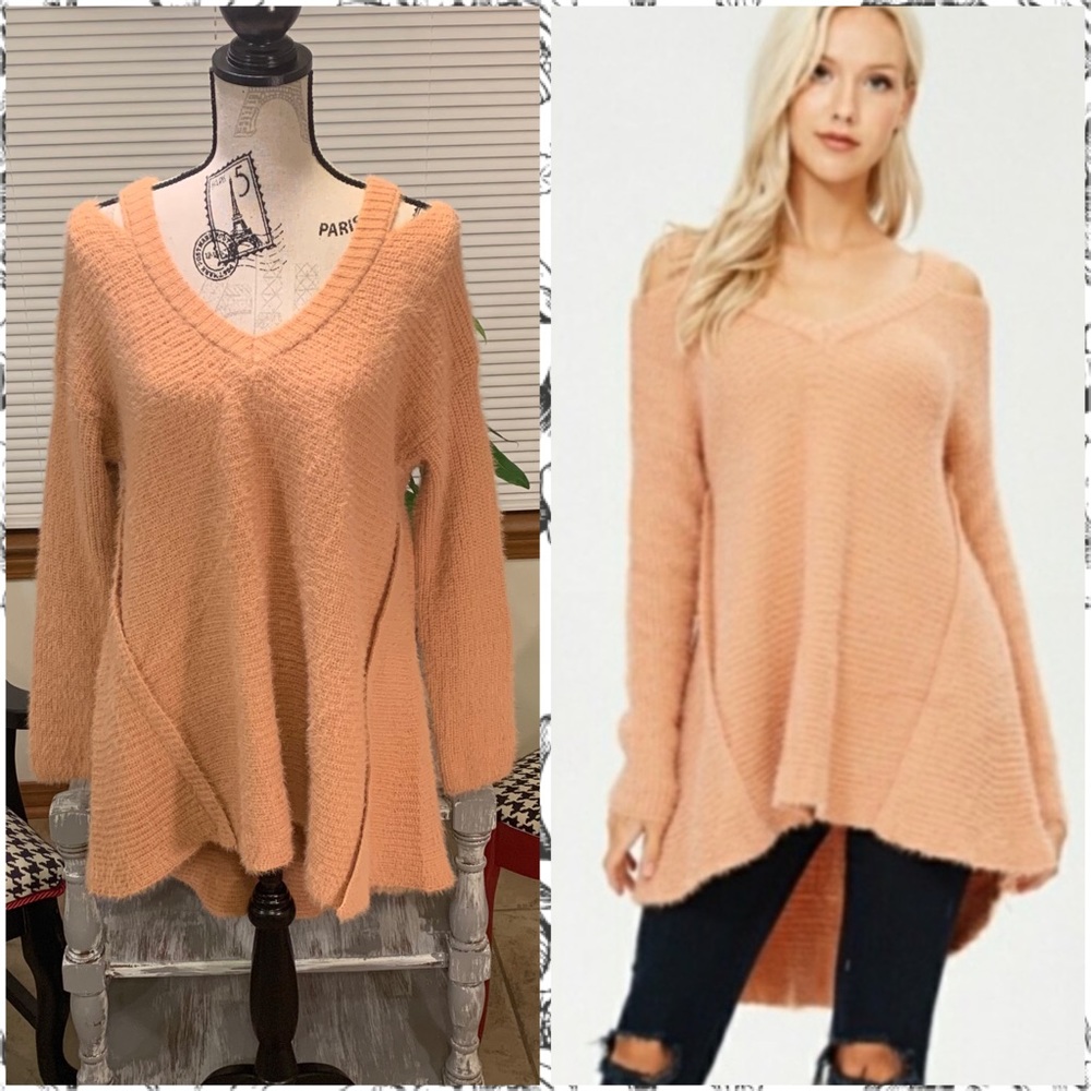 Fuzzy Peach long sleeve cold shoulder hi low knit sweater Medium M
